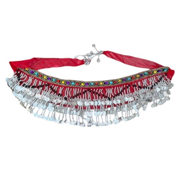 None Accessories - Chiffon Red Belly Dance Hip Scarf Colorful Gems Silver Coins and Bead Wrap Skirt